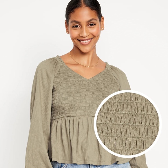 NWT OLD NAVY Long-Sleeve Smocked Peplum Color: Birch Leaf Size Small - Picture 2 of 5